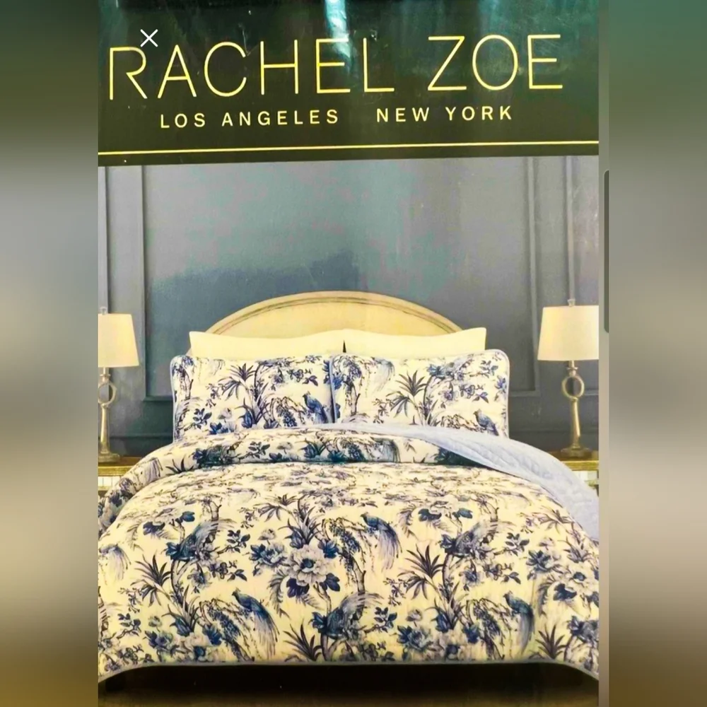 Rachel Zoe Full/Queen Blue & White Toile Bird Floral Quilt Set‎ 3pc